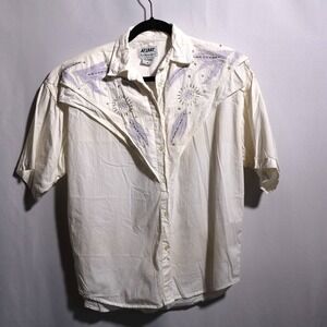 VTG 90s Rodeo Top White Button Up Embroidered Beaded Shoulder Pads Cowgirl Art M